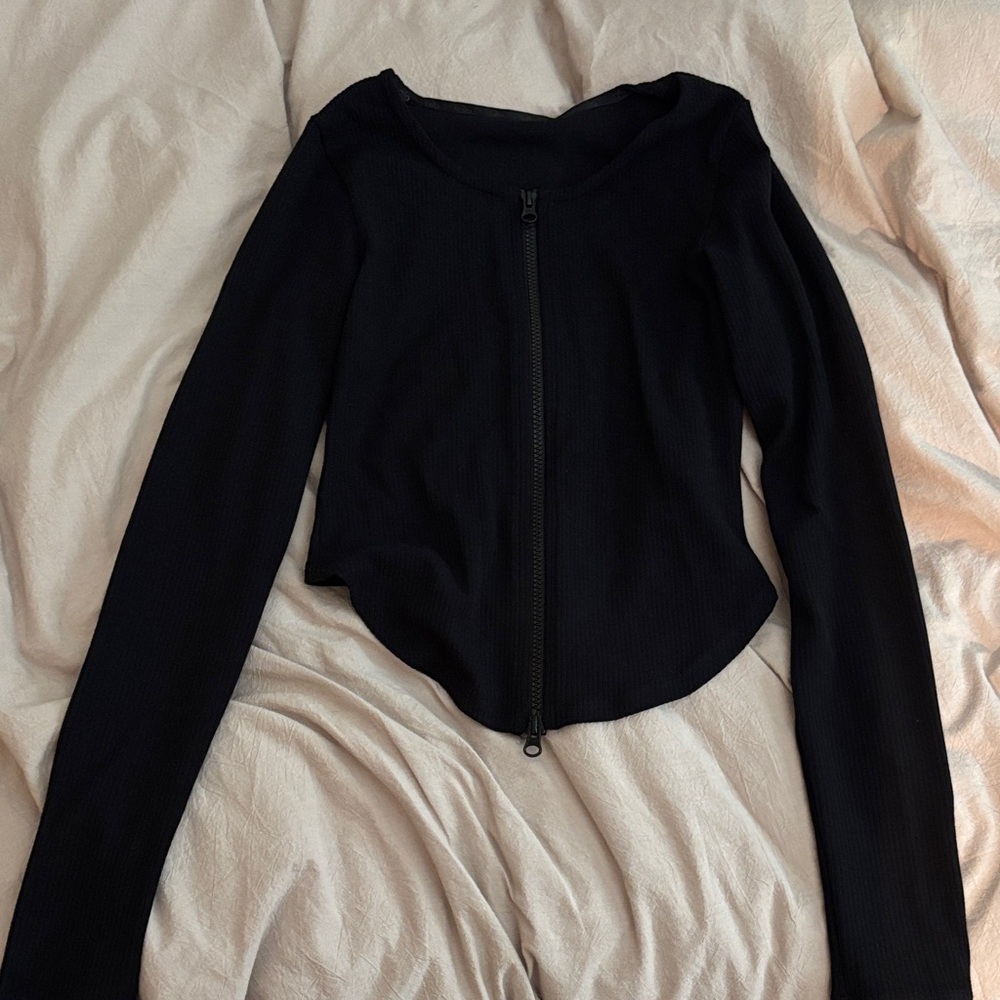 ALO Yoga Black Ribbed Zip-up Long Sleeve Top